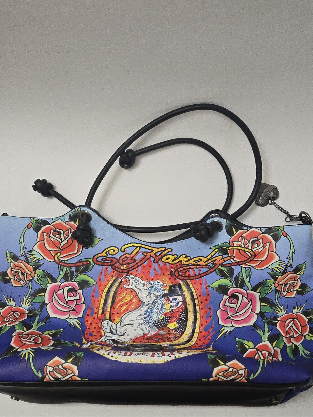 Ed Hardy Unicorn Shoulder Bag with Black Rope Straps